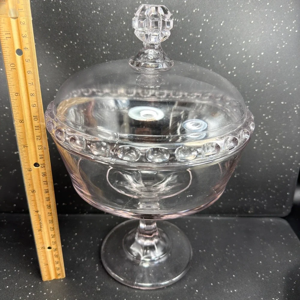 George Ripley Dakota Pattern Glass Pedestal Compote Lilac Tint Lid 11.5in Clear